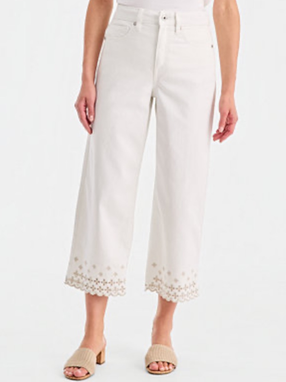 Style & Co. White Wide-Leg Embroidered Scallop Hem Pants